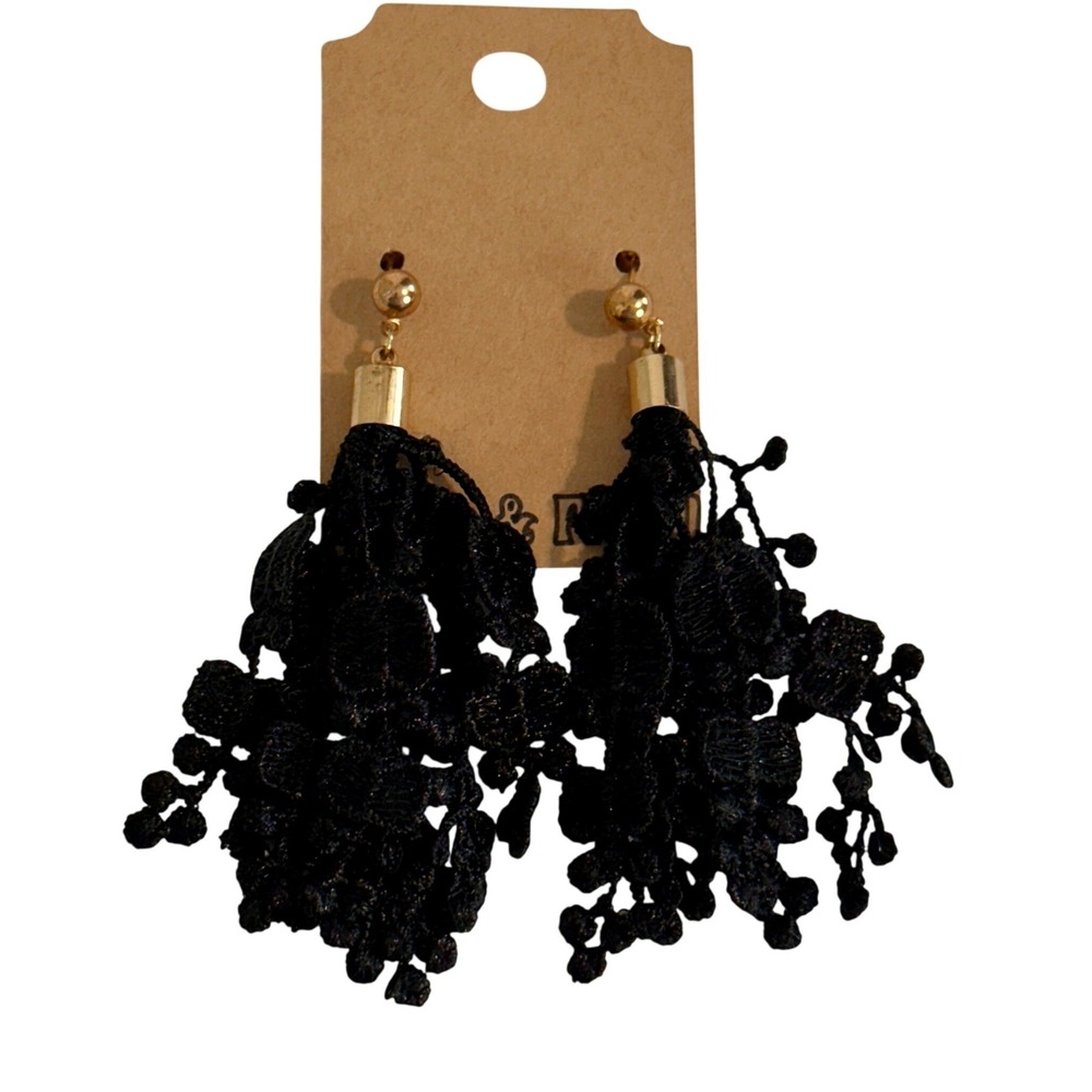 Handcrafted Black Lace Tassel Drop Earrings Gold Tone Stud Boho Gothic Statement